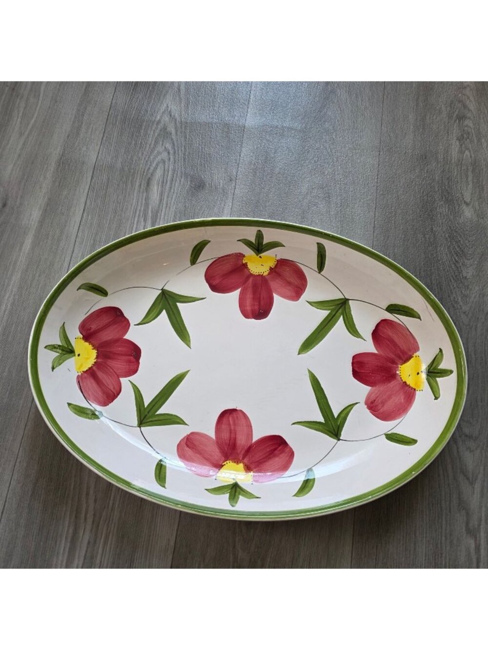 Large Hand-Painted Oval Ironstone Serving Platter Bowl Floral Design Green Rim